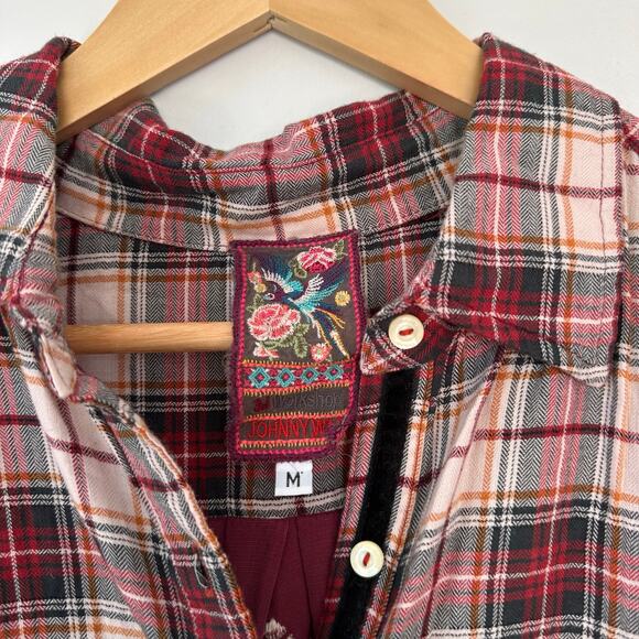 Johnny Was 3J Workshop Lorie Plaid Embroidered Shirt Burgundy M - Picture 6 of 10